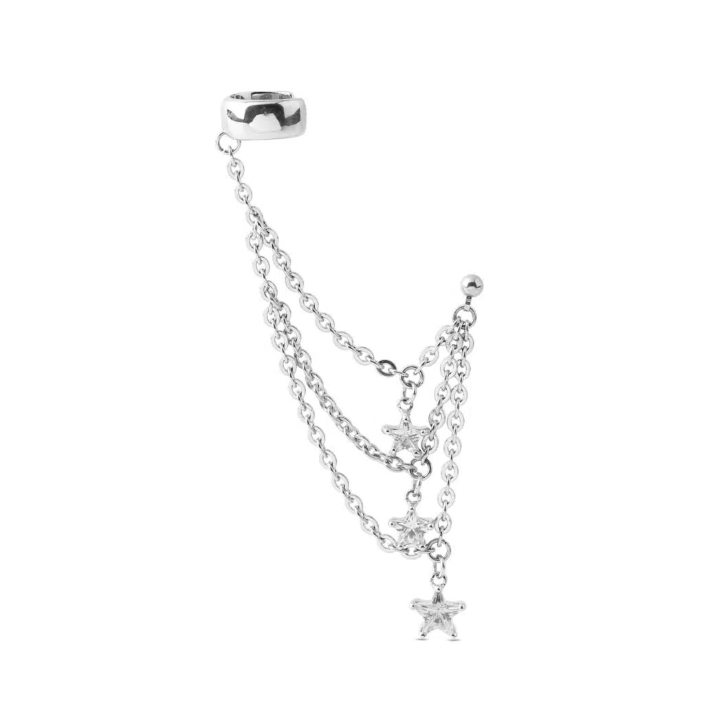 surgical steel ear cartilage cuff earring with a connecting chain and triple star charm