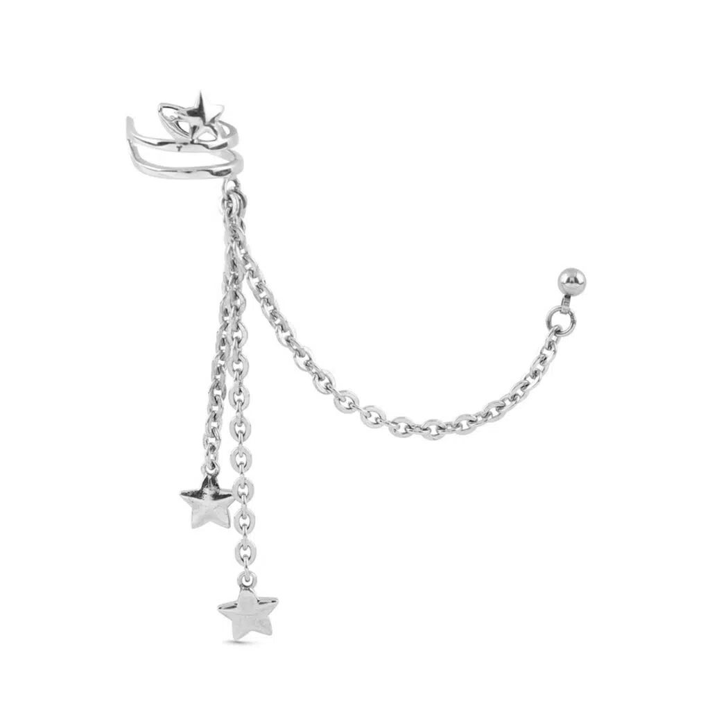 surgical steel ear cartilage cuff earring with a connecting chain and double star dangle charms