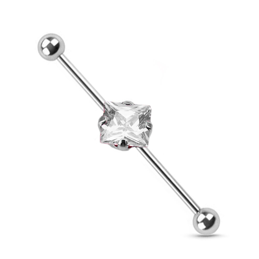 Large Square CZ Ear Cartilage Industrial Scaffold Barbell 316L Surgical Steel 14G