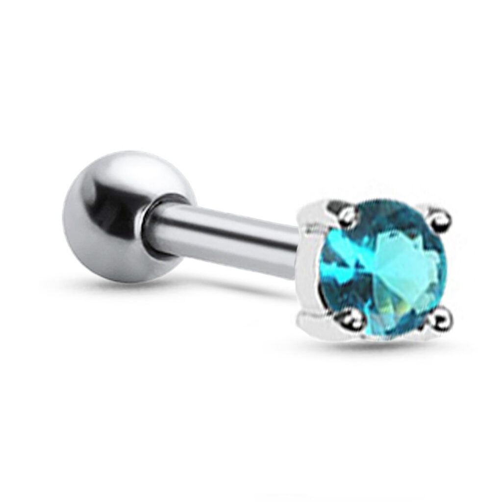 surgical steel ear cartilage stud featuring a 4mm aqua cz stone
