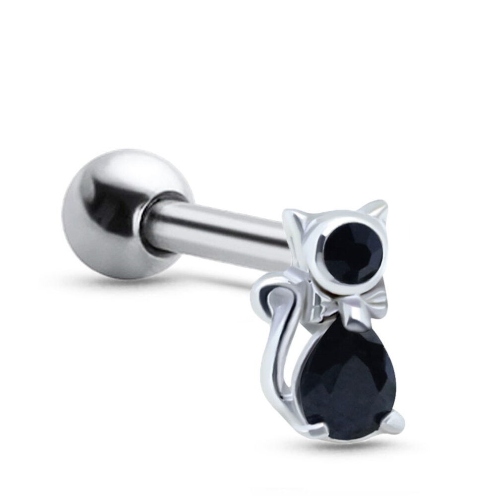 surgical steel ear cartilage stud featuring a black cat design