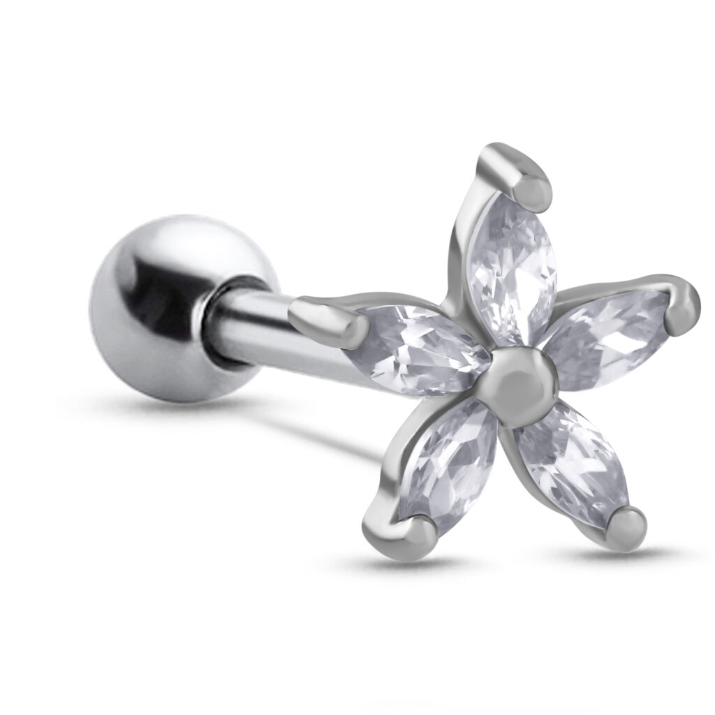 surgical steel ear cartilage stud featuring a Clear Flower