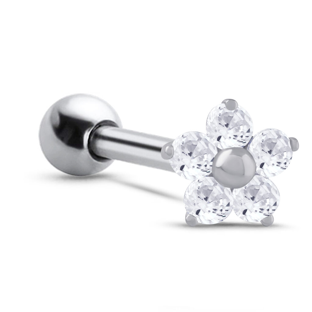 surgical steel ear cartilage stud featuring a Clear Flower