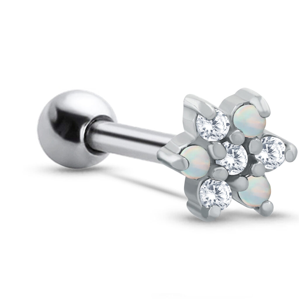 surgical steel ear cartilage stud featuring a White Opal and clear Flower