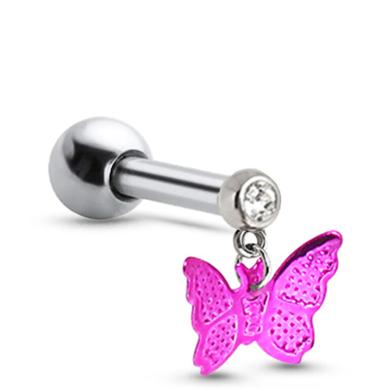 surgical steel ear cartilage stud featuring a pink butterfly dangle design