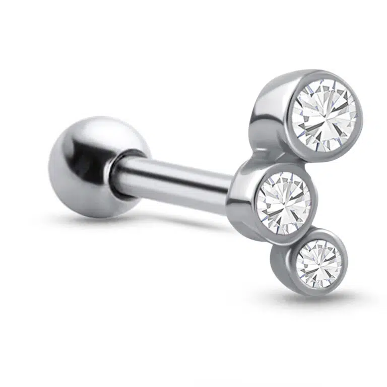 surgical steel ear cartilage stud featuring a Triple stone design with Clear Stones