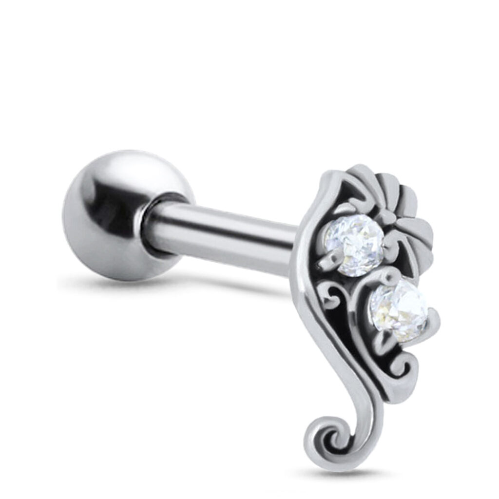 surgical steel ear cartilage labret stud featuring a swirl design with 2 clear stones