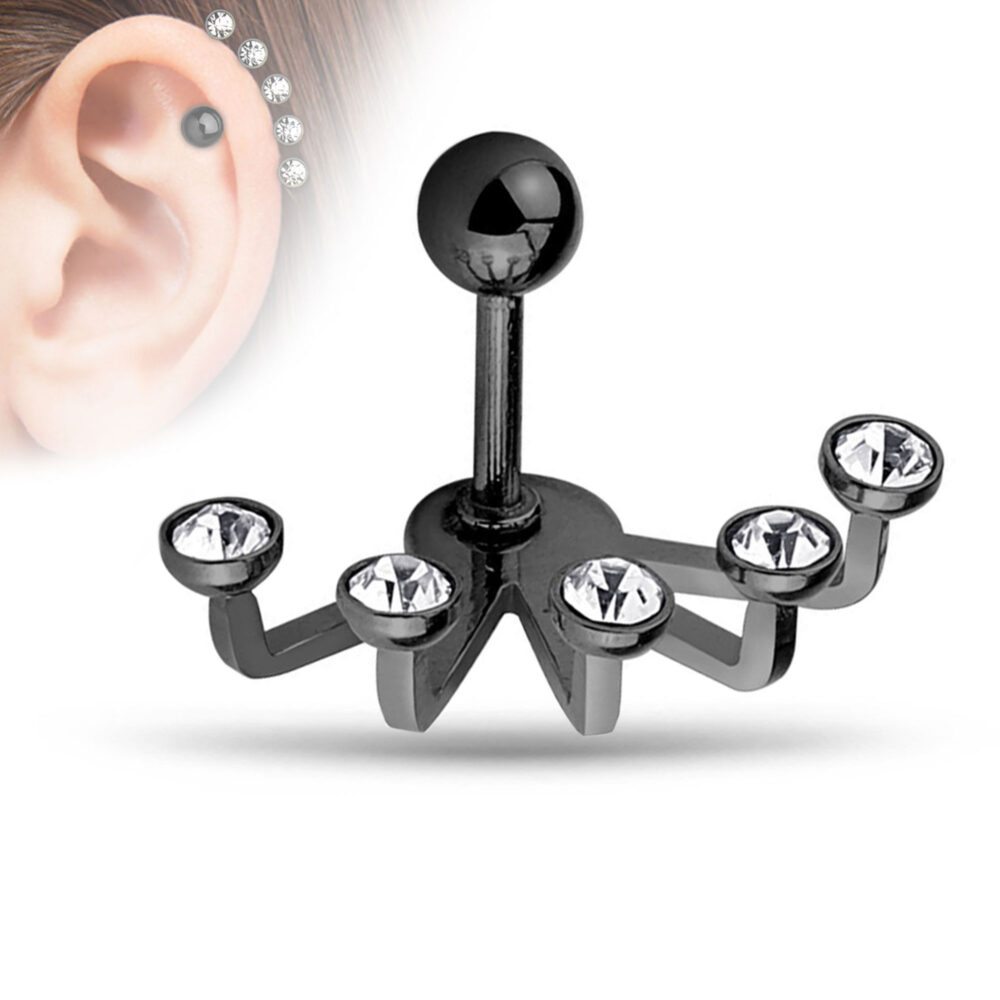 5 Stone Ear Jacket Earring Labret 316L Surgical Steel 16G - Image 2