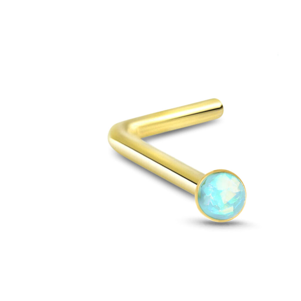 yellow gold lbend nose stud featuring a 2mm faux green opal stone