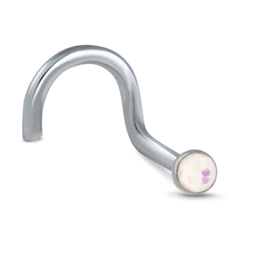 surgical steel right nostril screw nose stud featuring a 2mm glued, bezel set faux white opal stone