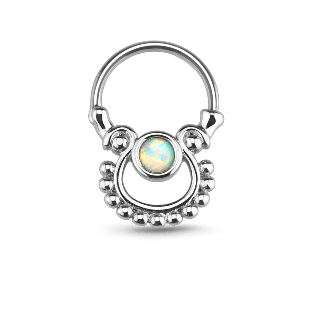 surgical steel indian inspired hinged hoop featuring a faux white opal