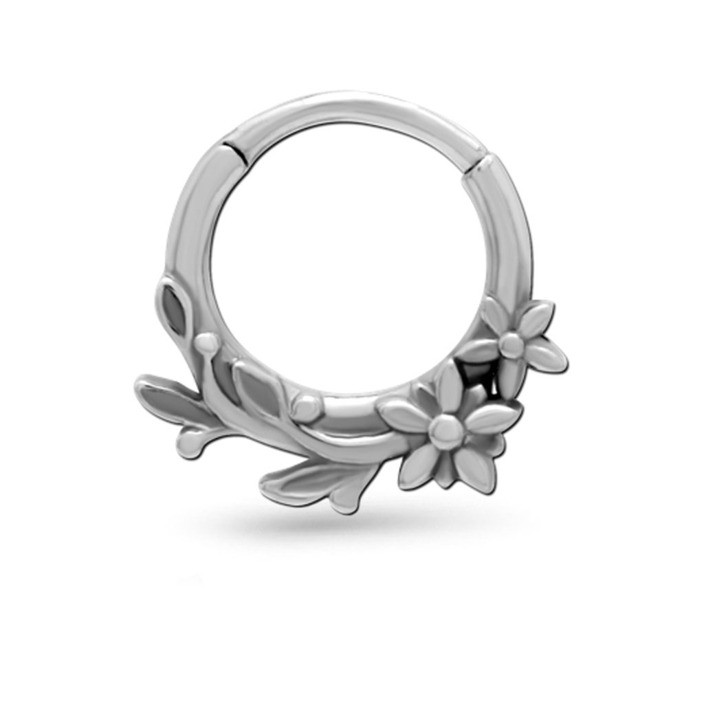 surgical steel hinged hoop featuring a flower and leaf design