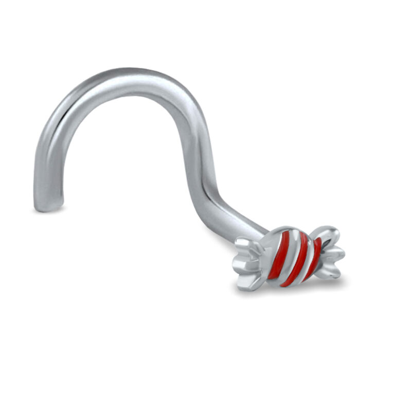 surgical steel right nostril screw nose stud featuring a christmas candy design