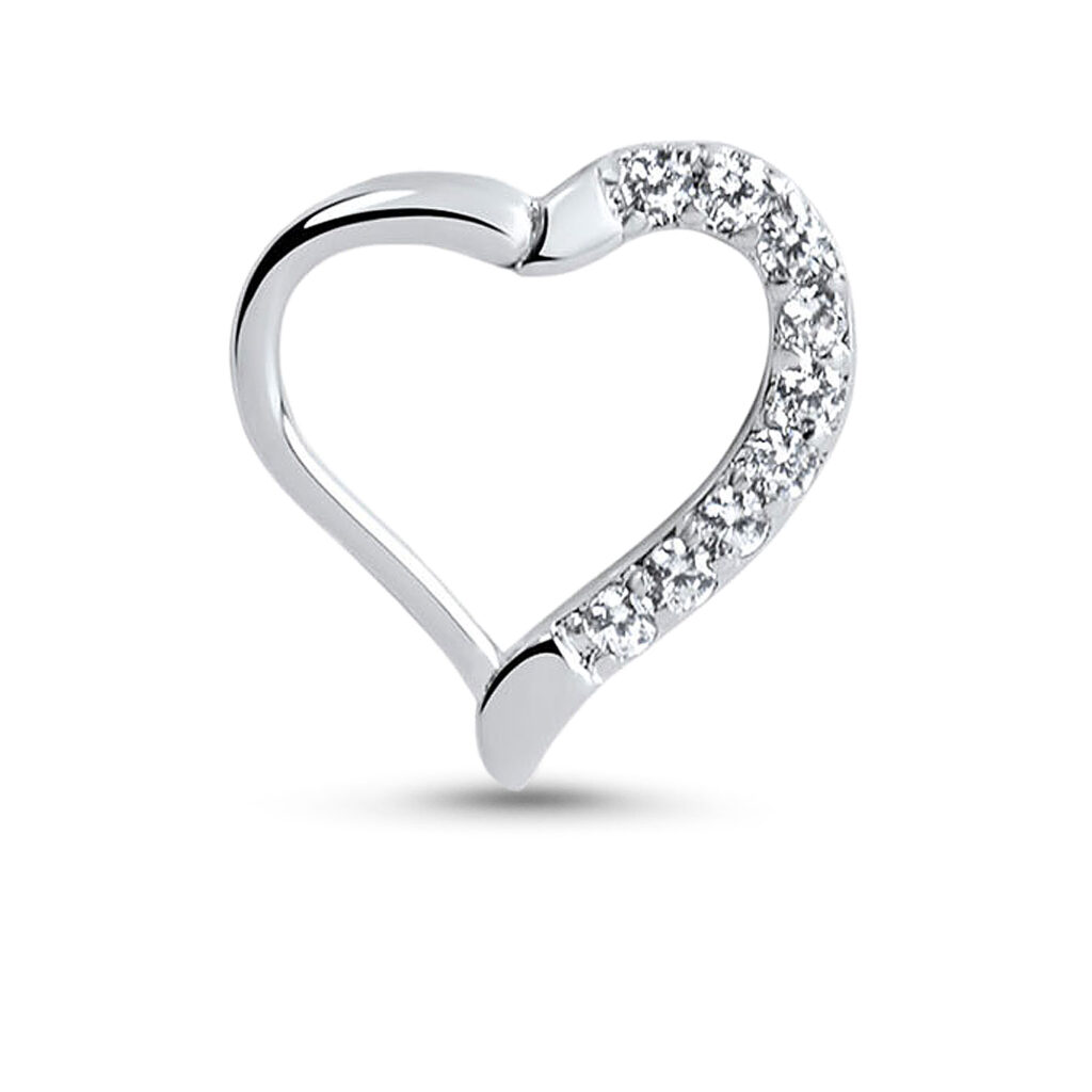 surgical steel hinged clicker featuring a heart design with clear cz stones down one side