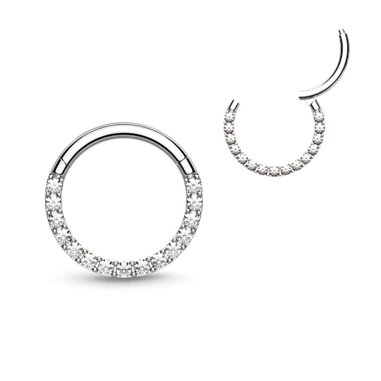 surgical steel hinged clicker hoop with 1mm cz stones showing the ring closed and open