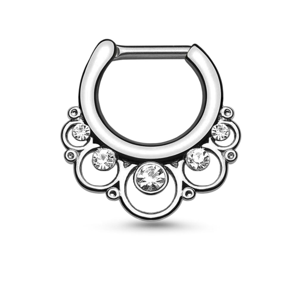 surgical steel hinged clicker hoop featuring a circle design with clear stones