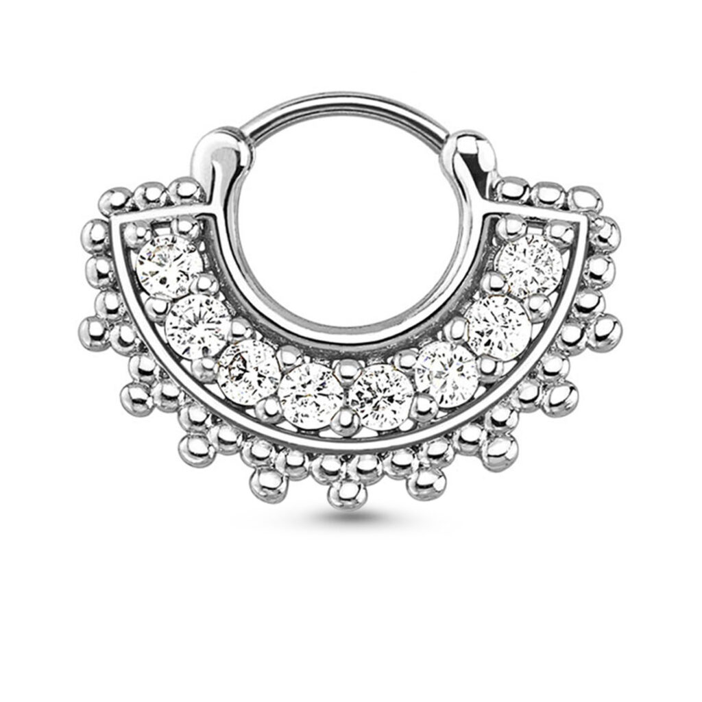 surgical steel hinged clicker hoop featuring an indian inspired design with clear stones