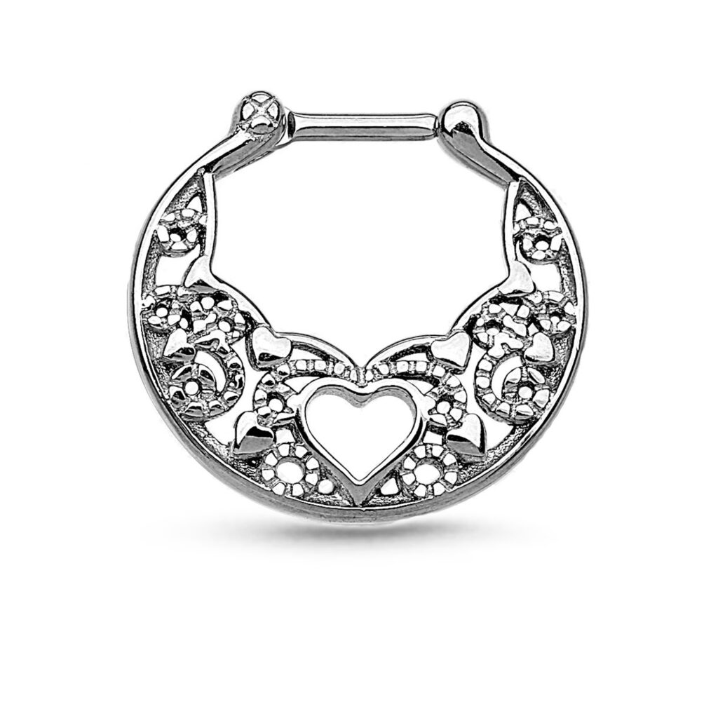 surgical steel hinged septum clicker hoop featuring a heart design