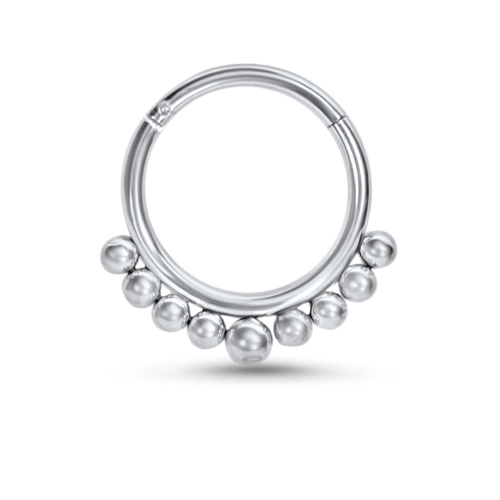 surgical steel hinged septum clicker hoop featuring a beaded design