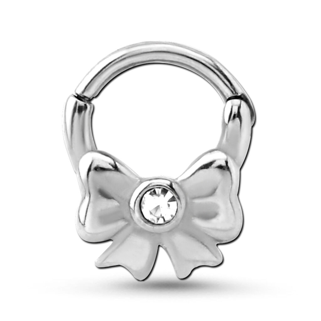 surgical steel hinged septum clicker featuring a bow design with a clear stone