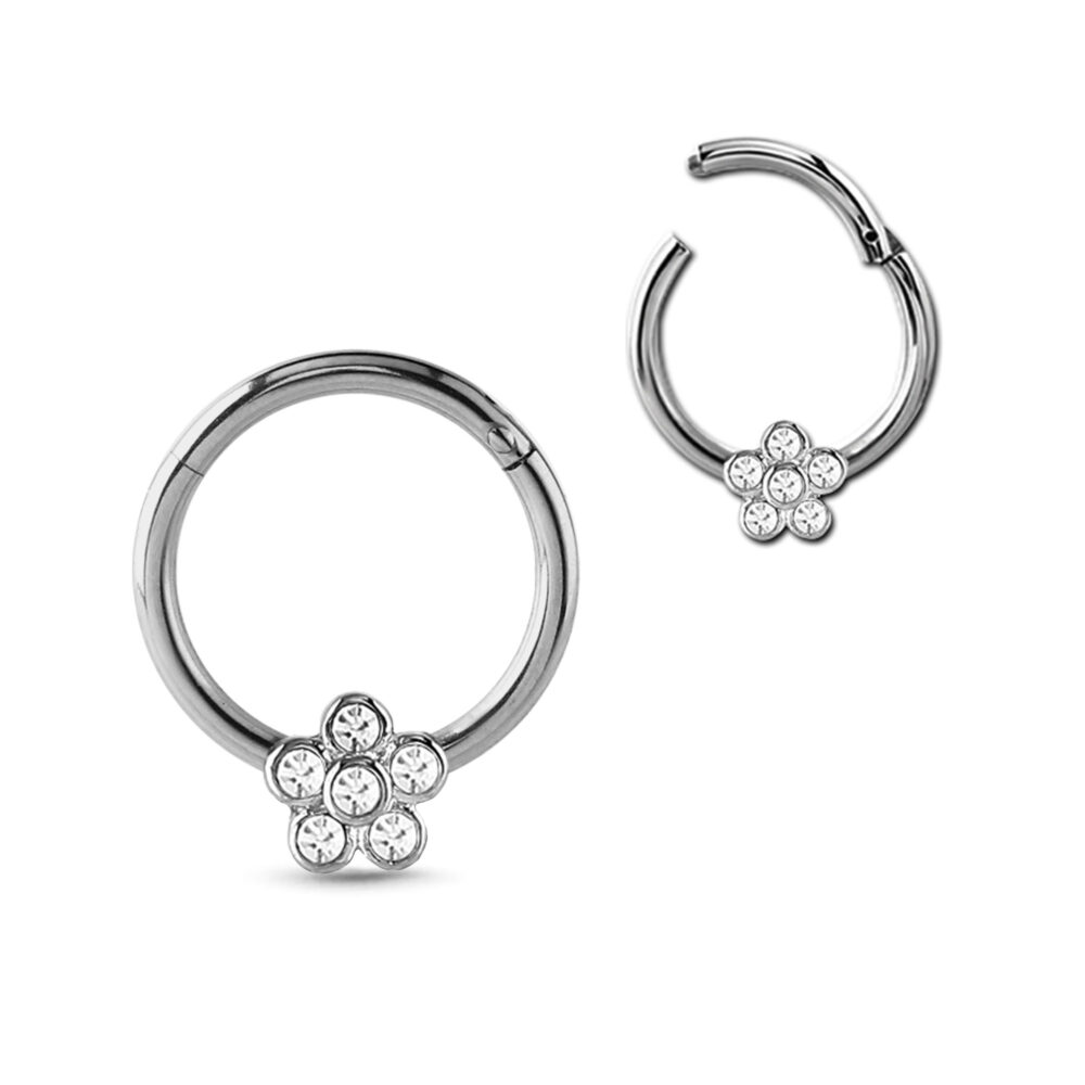surgical steel hinged clicker hoop featuring a flower design with 6 clear round stones showing the ring closed and open