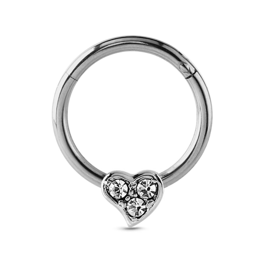 surgical steel septum clicker nose hoop featuring a heart design with three clear stones