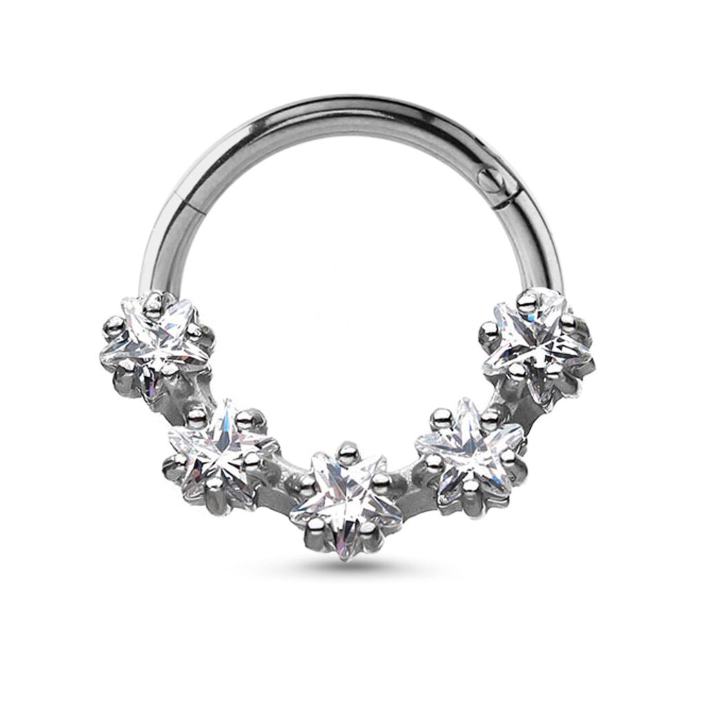 surgical steel hinged septum clicker featuring a 5 star design with clear stones