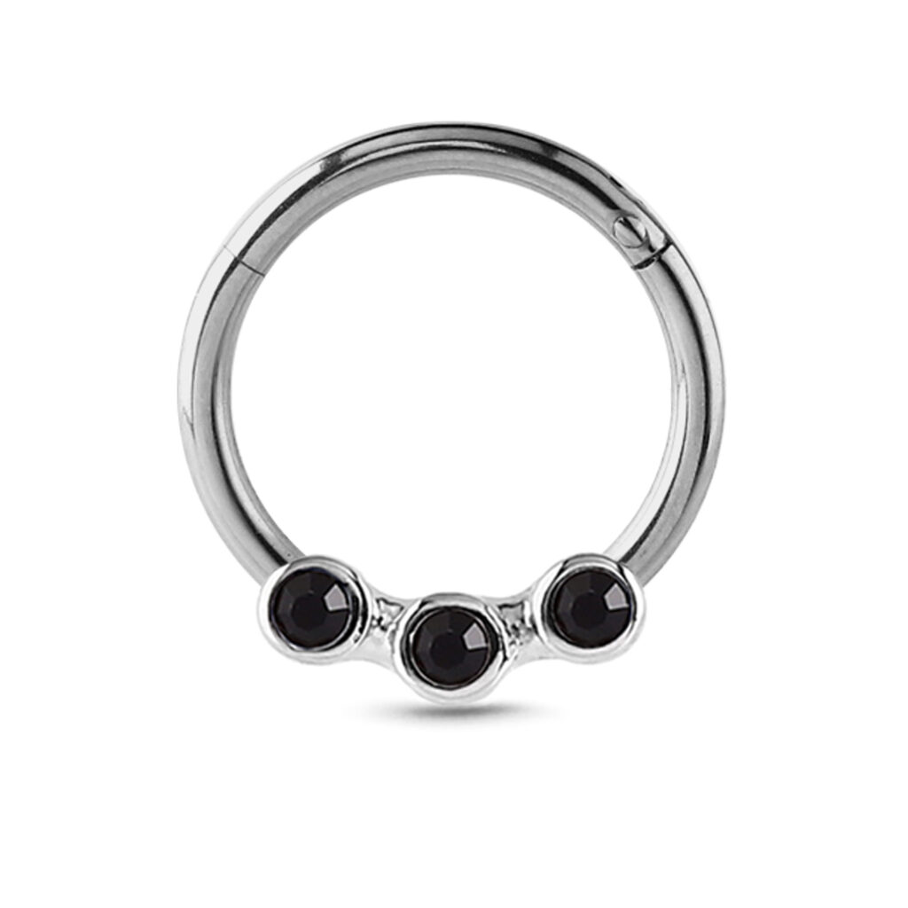 surgical steel hinged septum clicker featuring a 3 black round stones