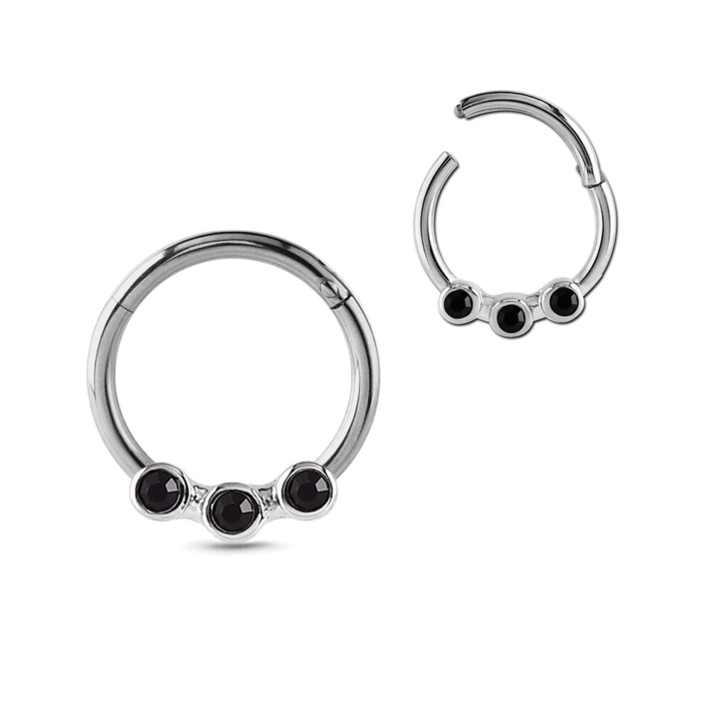 surgical steel hinged clicker hoop featuring a 3 black round stones showing the ring closed and open