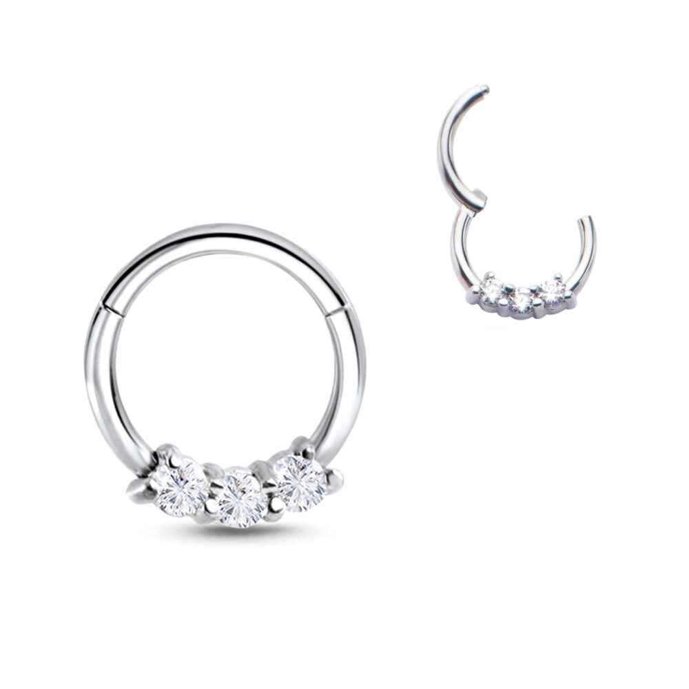 surgical steel hinged septum clicker featuring 3 clear stones, showing the clicker both open and closed