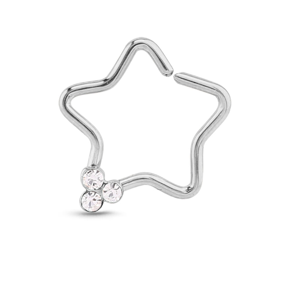 surgical steel seamless star hoop with a triple clear stone cluster design along one side