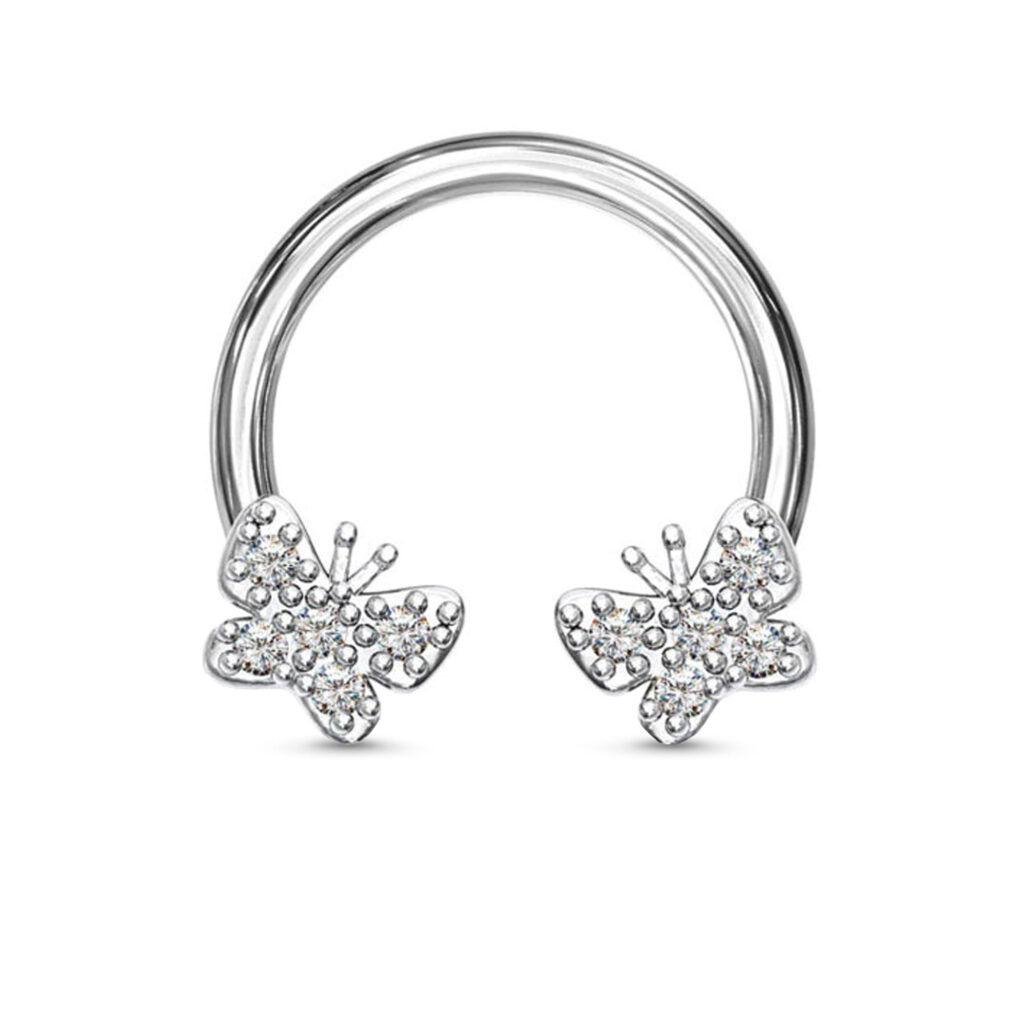 surgical steel curved captive bead horseshoe nose hoop featuring butterfly ends with clear stones