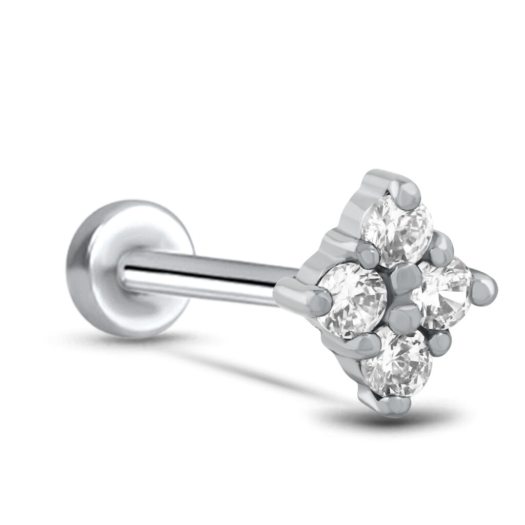 surgical steel push pin labret style stud featuring a 4 stone cluster (diamond shape) design