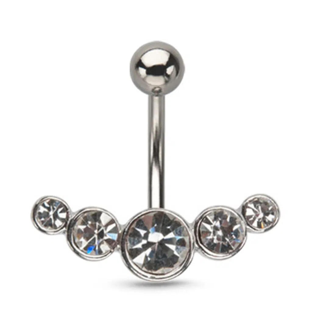 surgical steel navel ring featuring a Five Stone design with clear stones