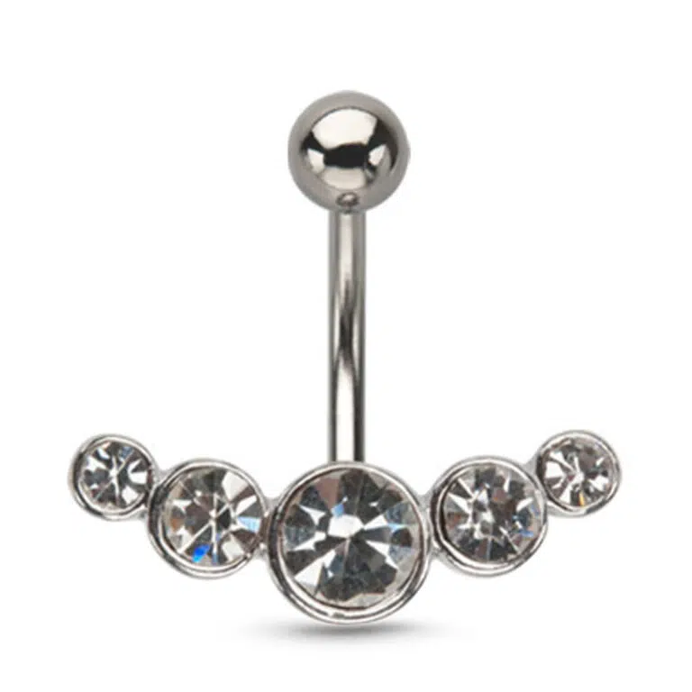 surgical steel navel ring featuring a Five Stone design with clear stones