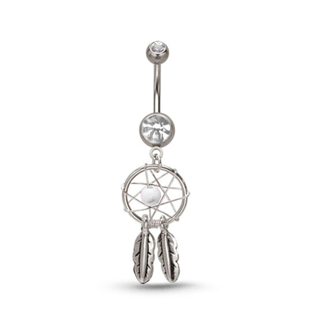 surgical steel navel ring featuring a dream catcher and feather design with clear stones