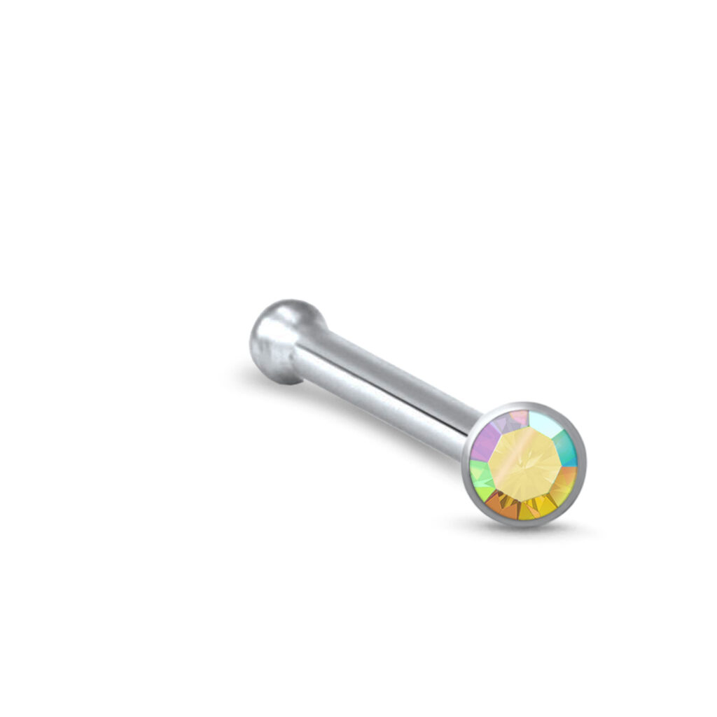 surgical steel nose bone stud featuring a 2mm aurora bezel stone