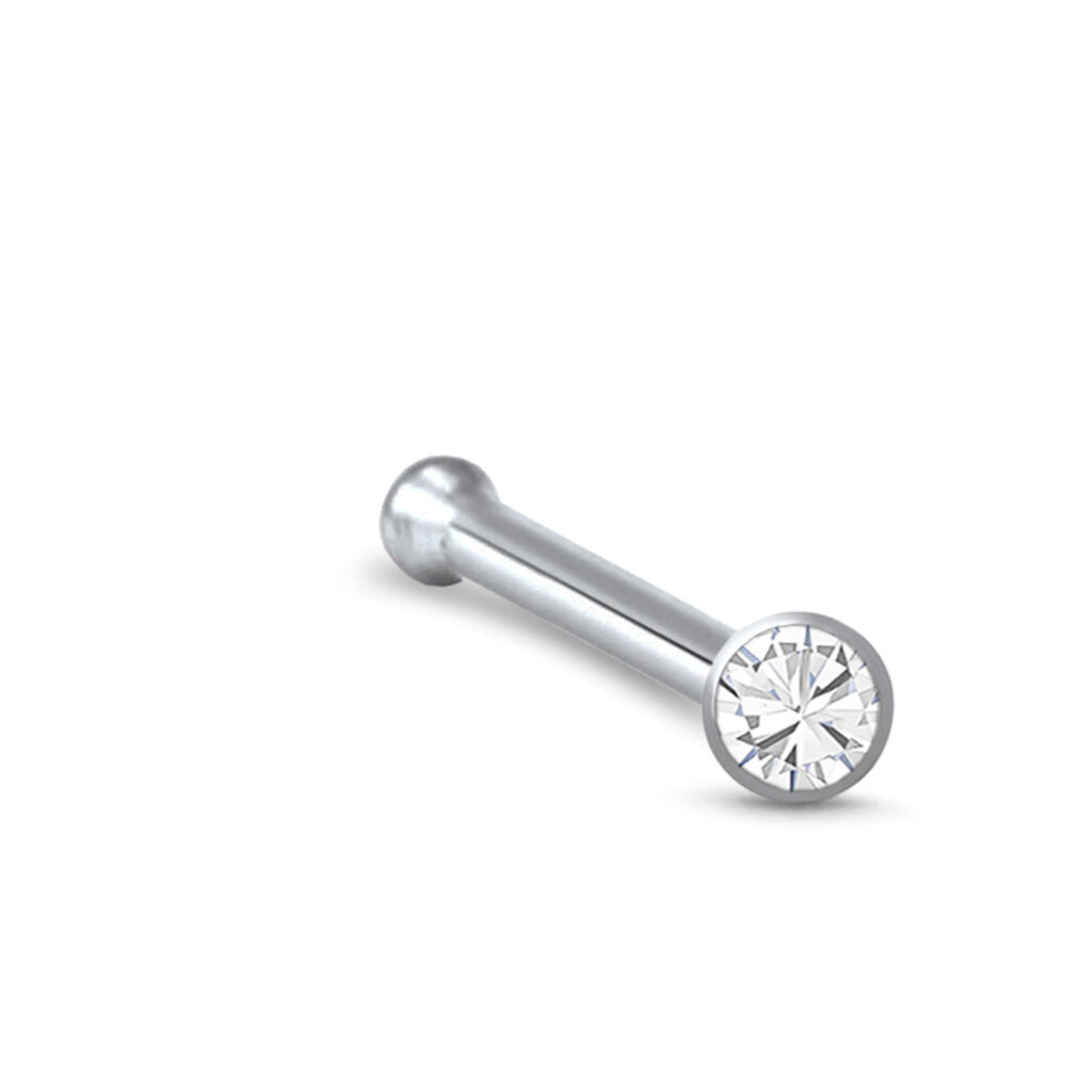 surgical steel nose bone stud featuring a 2mm clear bezel stone