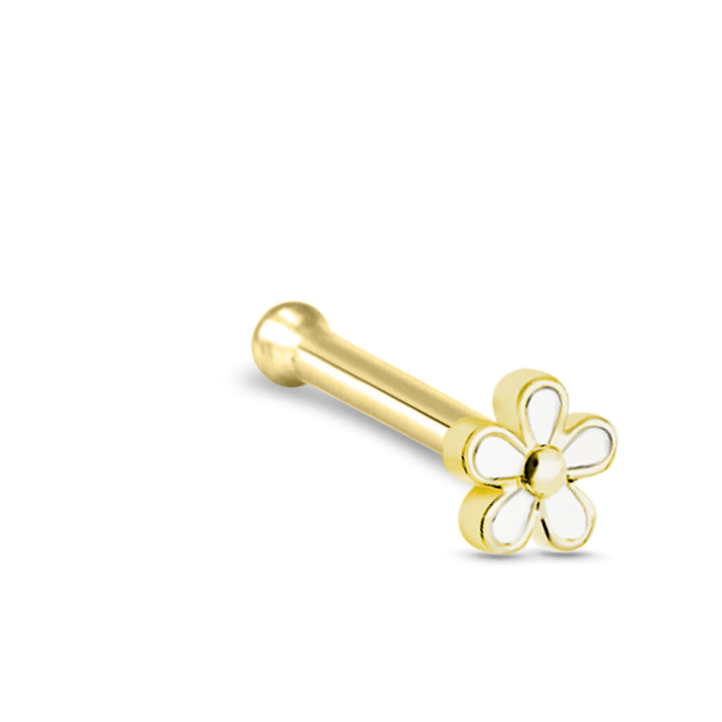 yellow gold colored surgical steel nose bone stud featuring a flower design with white petals