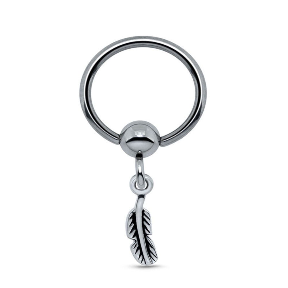 Feather Dangle Charm Captive Bead Nose Ear Cartilage Hoop 316L Surgical Steel