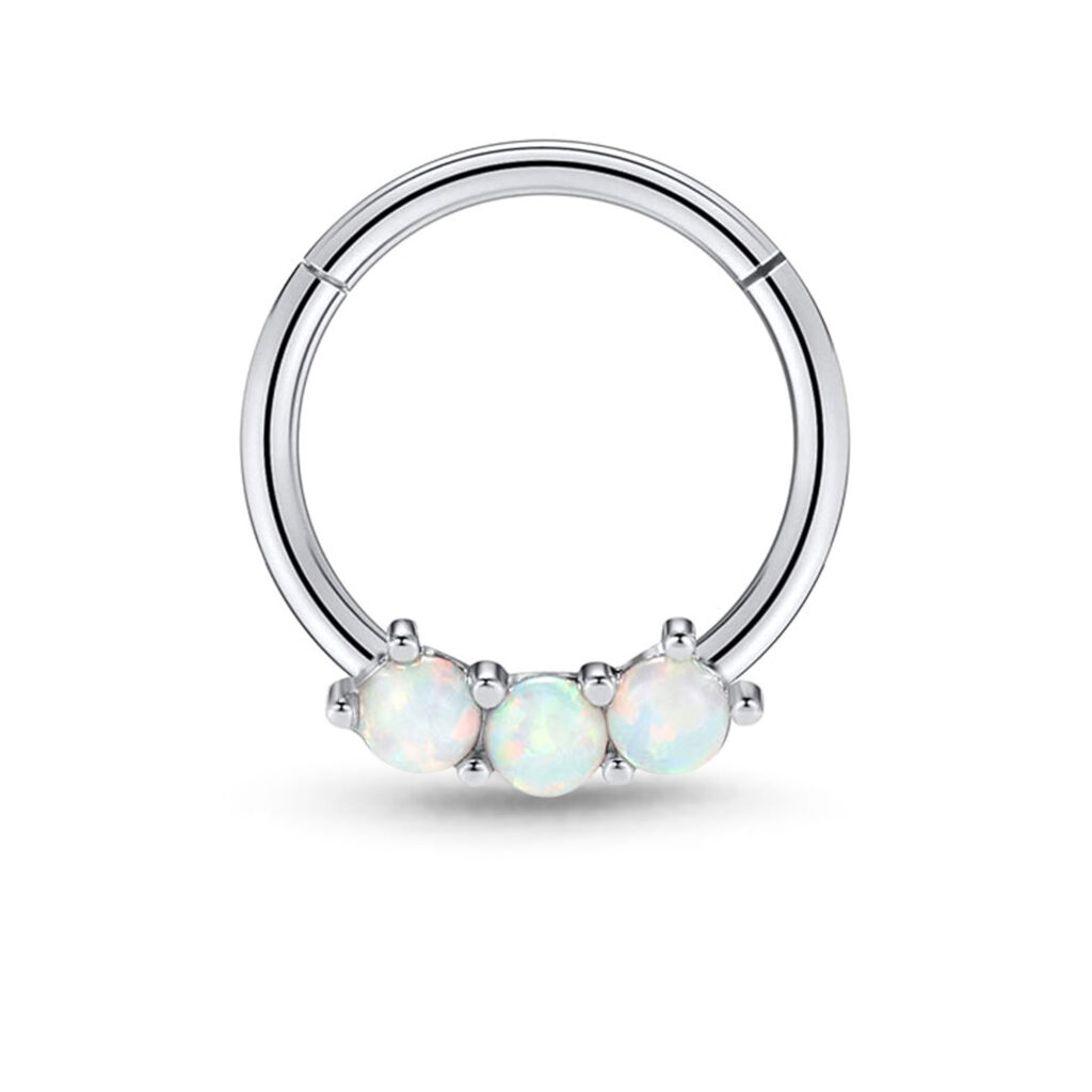 surgical steel septum clicker hoop featuring 3 faux white opal stones