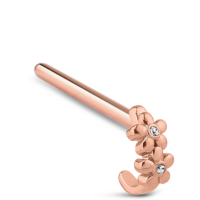 Surgical Steel Rose Colored Double Flower Nose Hugger Featuring center stones 10mm Straight