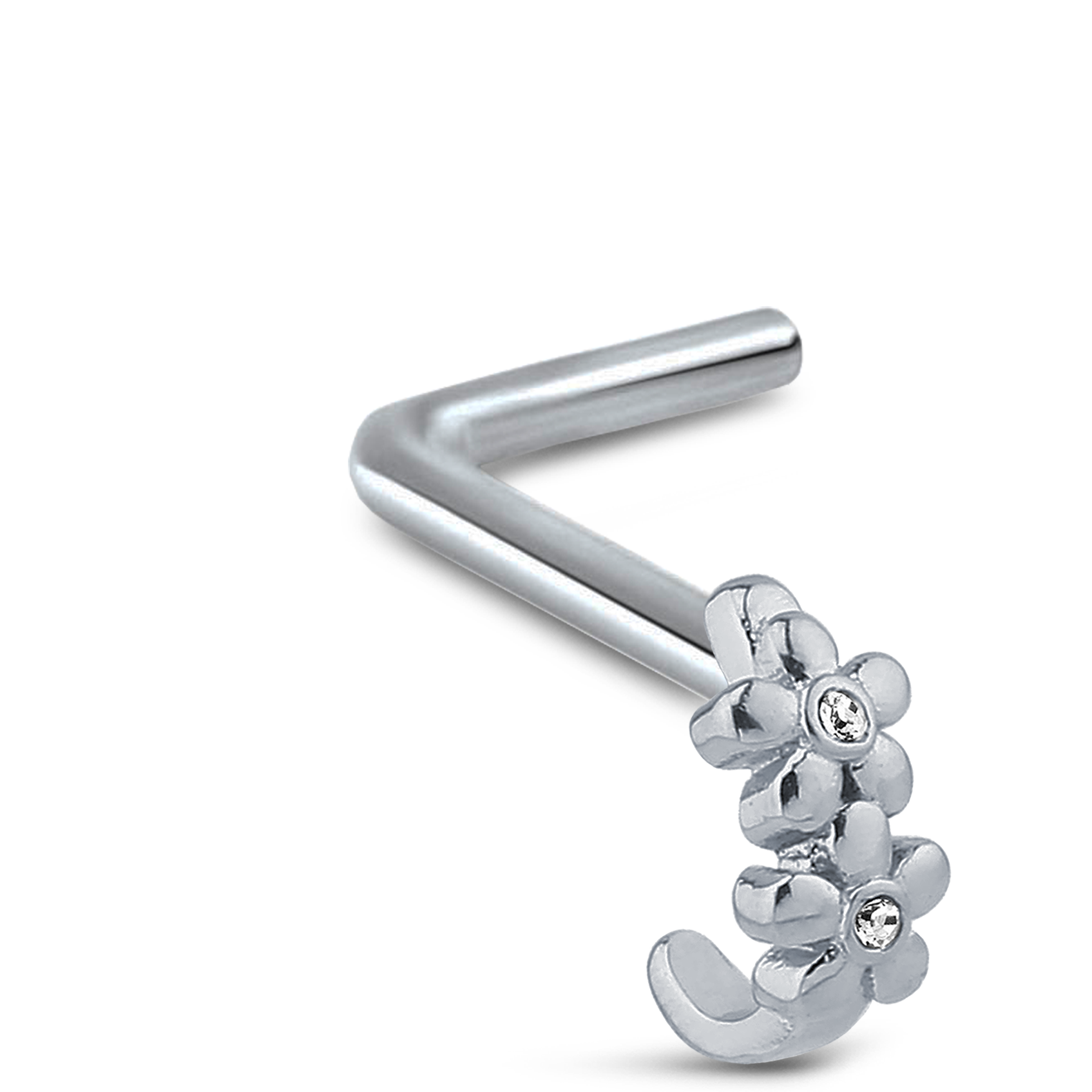 Double Flower CZ Nose Hugger Stud Ring 316L Surgical Steel 20G