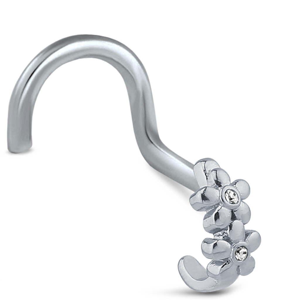 Surgical Steel Double Flower Nose Hugger Featuring center stones Right Nose Screw