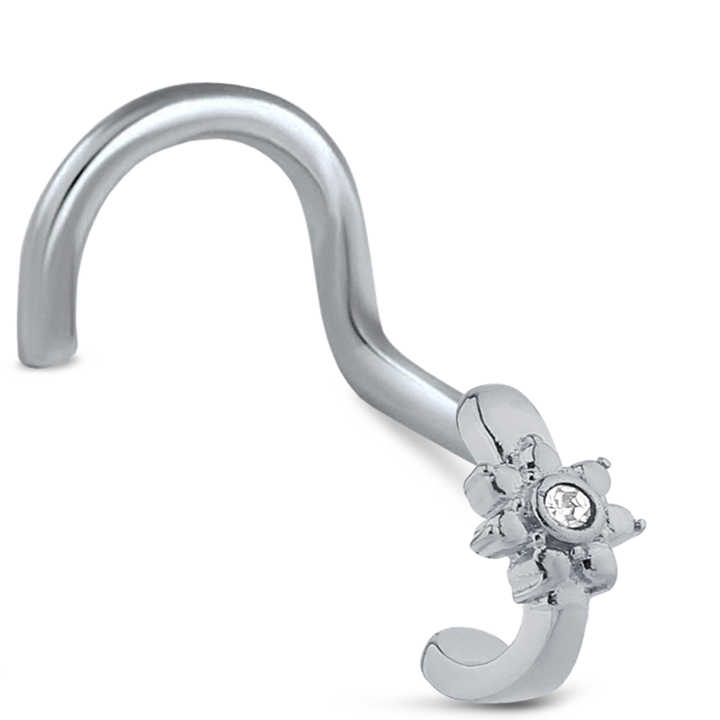 Surgical Steel Flower Nose Hugger Featuring a center stone Right Nose Screw