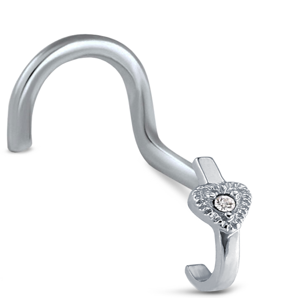 Surgical Steel Nose Hugger Right Nose Screw Featuring a Heart design with center stone