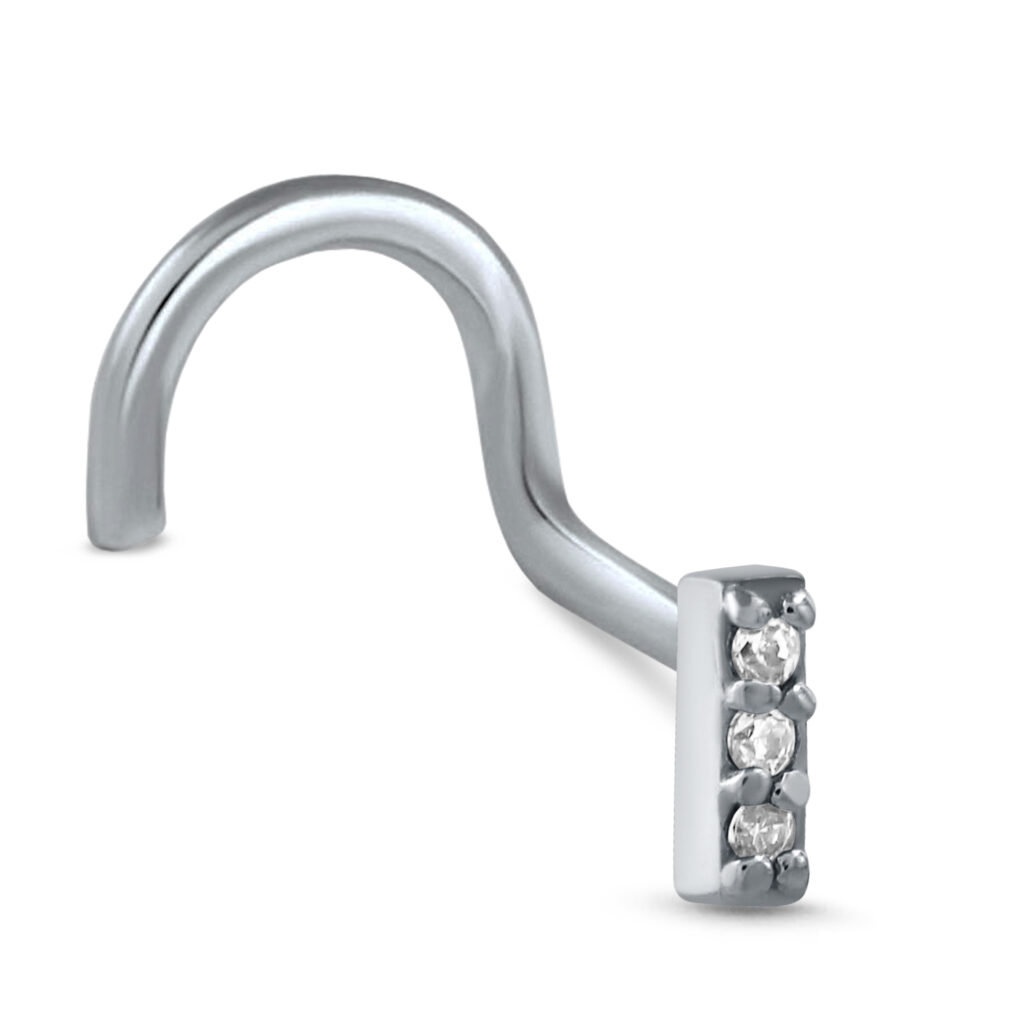 surgical steel nose stud in a right nostril screw style, featuring a triple stone design