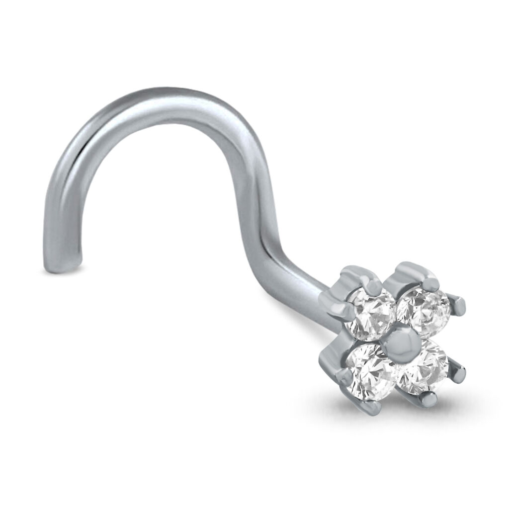 surgical steel right nostril screw nose stud featuring a 4 stone cluster design