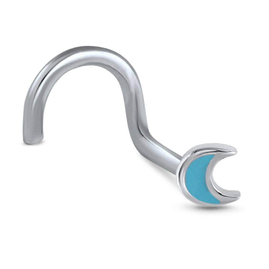 surgical steel right nostril screw nose stud featuring a turquoise moon design