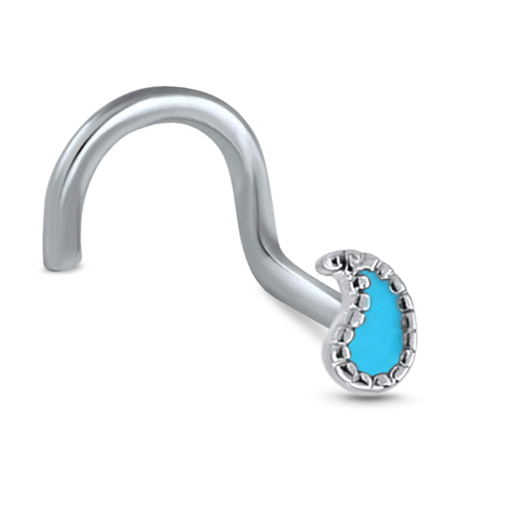 surgical steel right nostril screw nose stud featuring a turquoise raindrop design